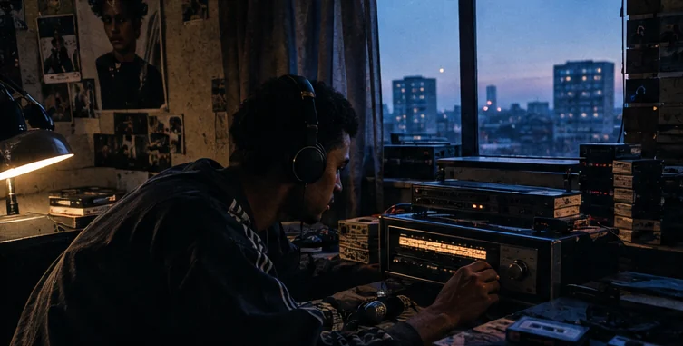 A man at a radio in a tower block bedroom studio, the city out of the window behind him