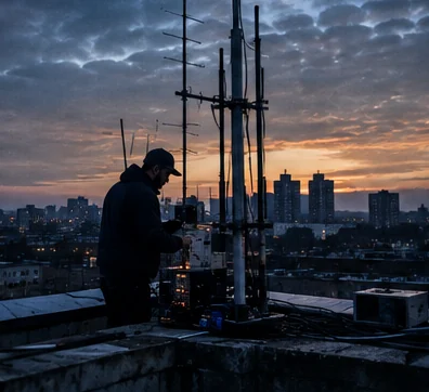A man working on an aerial rig on a tower block roof at dusk