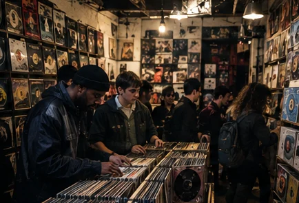 A busy record shop, people going through the racks