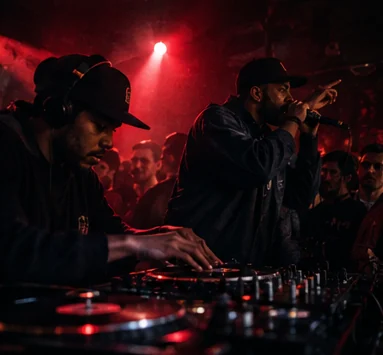 A DJ and an MC working together under red light