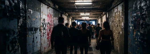 People walking a graffitied corridor towards the room