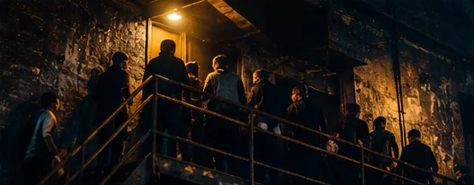 People on a metal stairwell heading down to the basement floor
