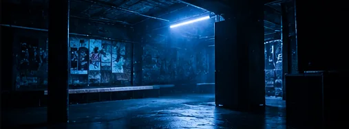 An empty warehouse room before doors, posters on the far wall