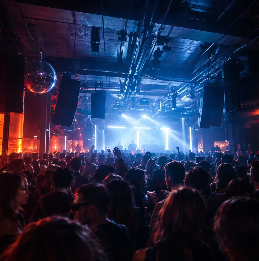 A packed club floor under blue lights, a mirror ball over the crowd