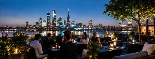 A rooftop terrace looking over the city skyline at night